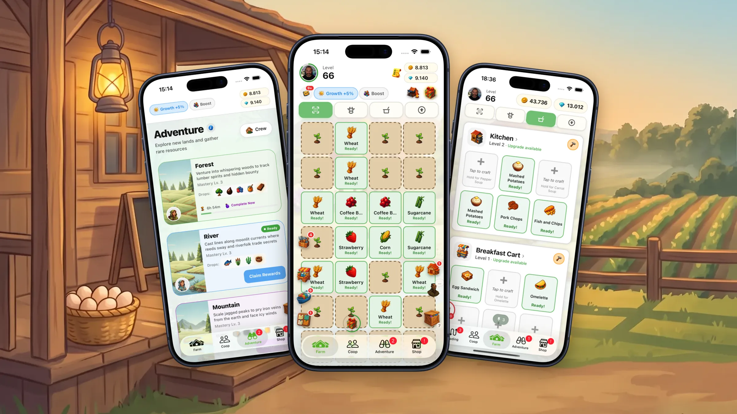 Three iPhones showing Tiny Harvest (the adventure map, the crop farm and the kitchen) in front of a painted farmhouse porch at sunrise.