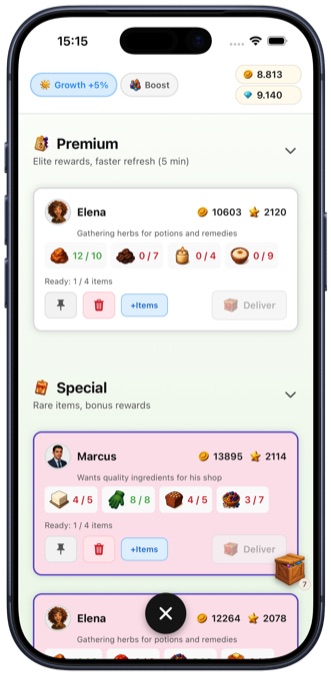 Orders: Fill contracts for coins, XP and rare items.